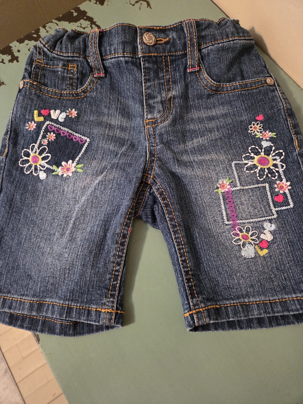 Squeeze Girls' Denim Shorts with Floral & Heart Embroidery - Blue